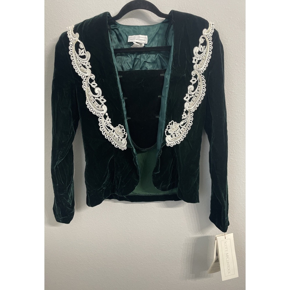 Scott McClintock Vintage Emerald Green‎ Velvet Jacket Victorian Gothic Lace Sz 8